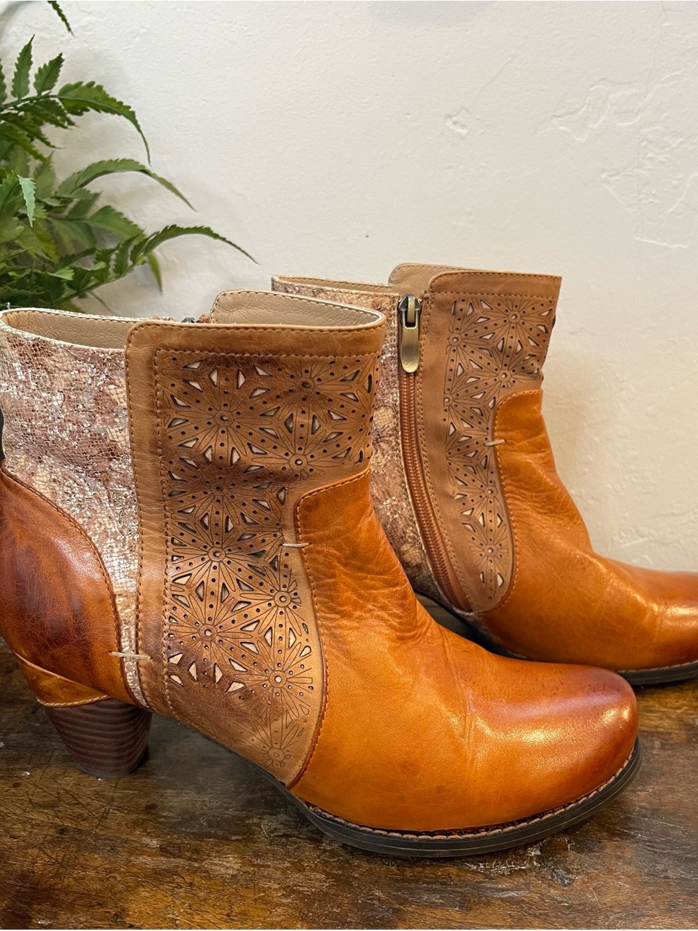 L’Artiste Burnished Tan Floral and Snakeskin Pattern Cutout Leather Ankle Boots